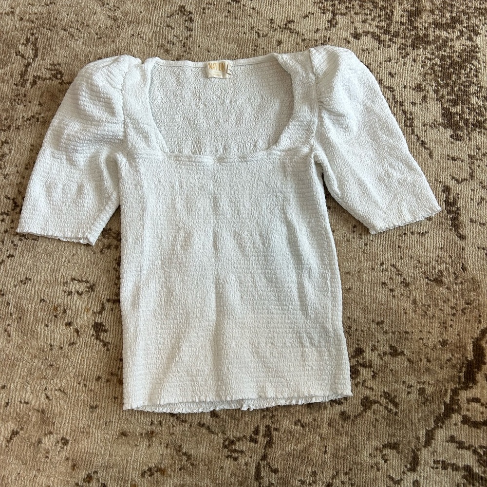 Nation LTD White Textured Square Neck Puff Sleeve Top